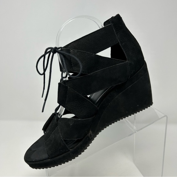 Eileen Fisher Black Lace Up Strappy Wedge Sandals Open Toe Size 9 Back Zipper - Picture 3 of 12